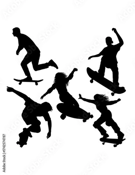 Fototapeta People playing skateboard sport training silhouette