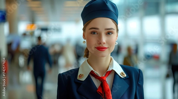 Obraz Portrait of a smiling airline flight attendant in a navy uniform and red tie, standing in a bustling airport. Professional, friendly, and ready to assist travelers.