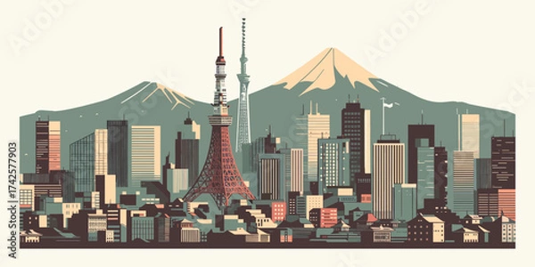 Fototapeta Stylized illustration of Tokyo, a vibrant metropolitan skyline, featuring impressive architectural landmarks