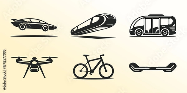 Fototapeta A modern and futuristic transportation silhouette collection featuring advanced mobility solutions.