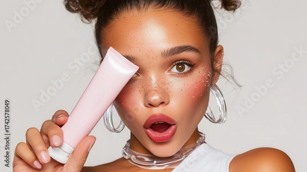 Fototapeta A closeup studio portrait of a young woman with freckles applying a pink cosmetic tube, showcasing vibrant makeup, glossy lips, hoop earrings, and a bold, playful editorial beauty vibe.