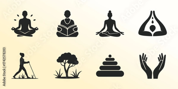 Fototapeta A Versatile Set of Silhouette Icons Depicting Wellness, Meditation, Nature, and Personal Development.
