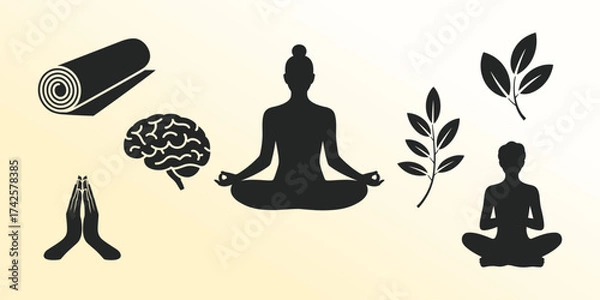 Fototapeta A Collection of Silhouettes Depicting Mindfulness, Meditation, and Holistic Well-being Elements Like Yoga, a Brain, and Natural Leaves.
