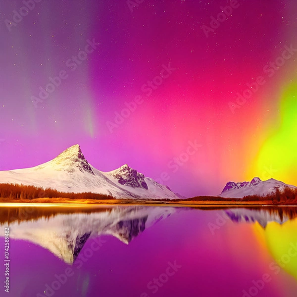 Obraz Clear blue-green aurora stretching above pine forests and snowy mountains during a quiet night.