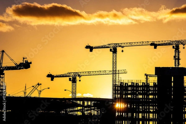 Fototapeta A beautiful view of cranes at counstruction site at sunset.