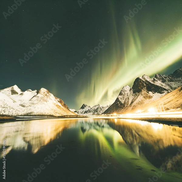 Obraz Bright yellow-green aurora dances across clear skies above quiet snowy mountain scenery.