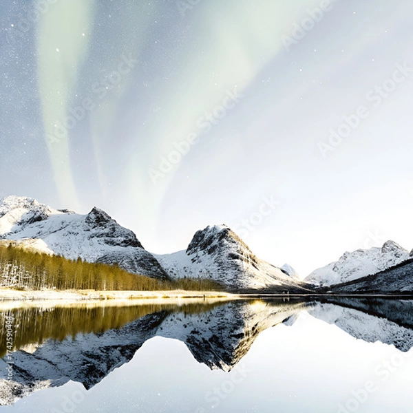 Obraz Green and blue aurora lights shimmer over cold mountain landscapes and frozen water reflections.