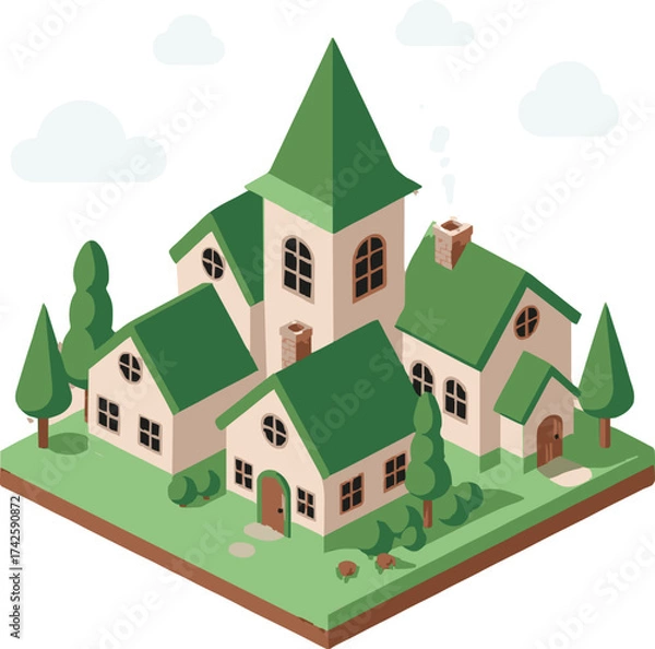Obraz Vector illustration of a cartoon country house with green trees in a summer landscape