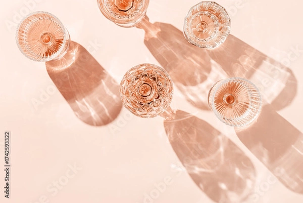 Fototapeta Wine Glasses of rose wine on pink background, sun flare and reflection from sunlight. Aesthetic layout from various crystal glasses, sparkling alcohol drinks, champagne, Summer romantic setting