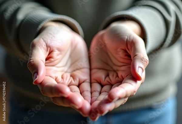 Fototapeta An elderly woman's outstretched, open hands begging for help