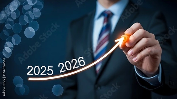 Fototapeta A businessman drawing an arrow pointing upwards, representing growth towards the year 2026, symbolizing business success and financial goals