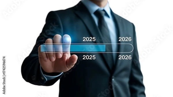 Fototapeta A businessman is touching a virtual progress bar showing the years 2025 and 2026 isolated on white background