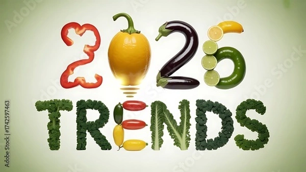 Fototapeta Food trends in 2026 are displayed with vegetables and fruits, representing healthy eating and culinary innovation for the future