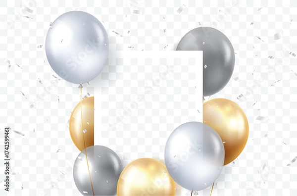 Fototapeta Gold and silver balloons with celebration confetti, with empty space for message