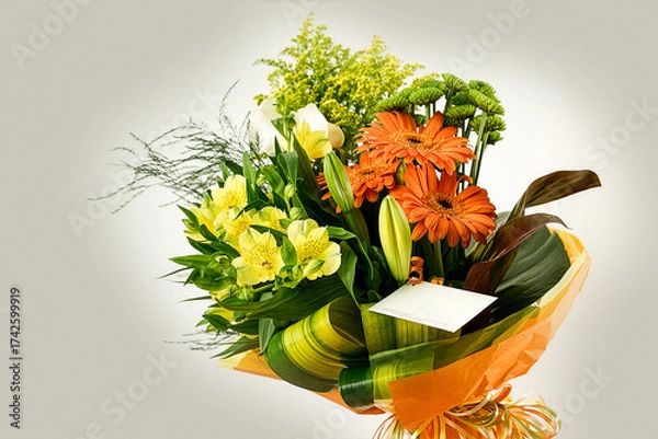 Obraz Beautiful bouquet of flowers on a white background in a glass vase and artfully wrapped in orange paper. This bouquet includes, gerberas, lilies, Peruvian lily and other flowers.