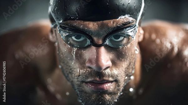 Fototapeta Swimmer in water with goggles showing determination