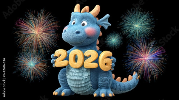 Fototapeta A blue dragon holding the year twenty twenty six with fireworks in background