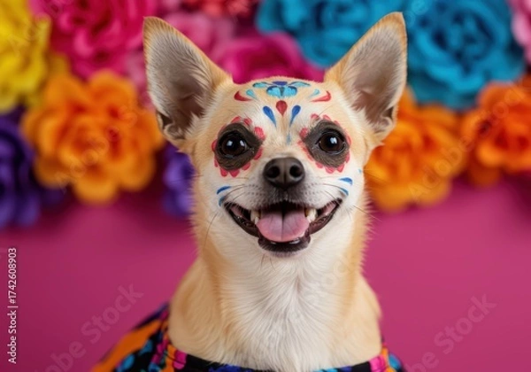 Obraz Smiling chihuahua dog with intricate sugar skull makeup for Day of the Dead celebration. Dia de los Muertos pet costume art for greeting card and party or festive holiday pet event.