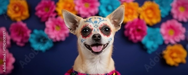 Obraz Chihuahua dog with calavera face paint and colorful paper flowers on deep blue background. Day of the Dead celebration. Mexico holiday tradition concept. Dia de los Muertos.