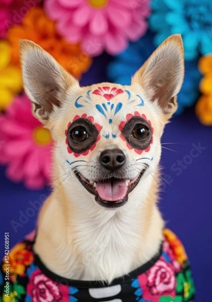 Obraz Cute chihuahua dog with colorful sugar skull make up and floral costume. Day of the Dead pet celebration in Mexico. Dia de los Muertos background for banner poster or blog post.