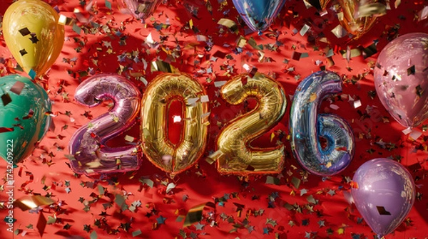Fototapeta Festive new year celebration with balloons and confetti on red backdrop