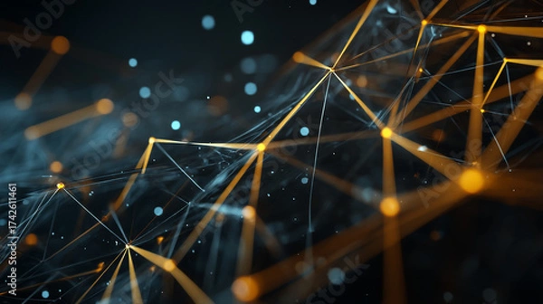 Fototapeta Abstract network of orange lines and nodes with blue bokeh background