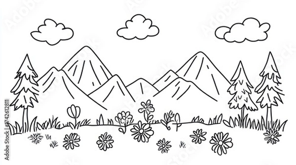 Obraz Scenic view, mountains, trees, clouds, fields, drawing for coloring, nature, outdoor, travel, landscape