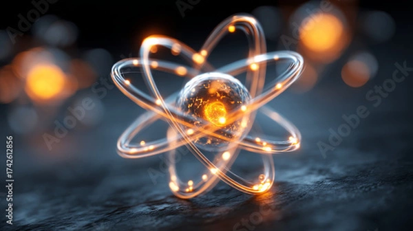 Fototapeta Glowing atom model with orbiting electrons on a dark textured surface