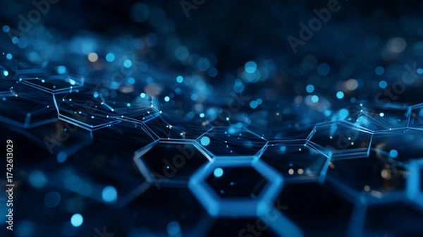 Fototapeta Abstract blue hexagon network with glowing dots and connecting lines art