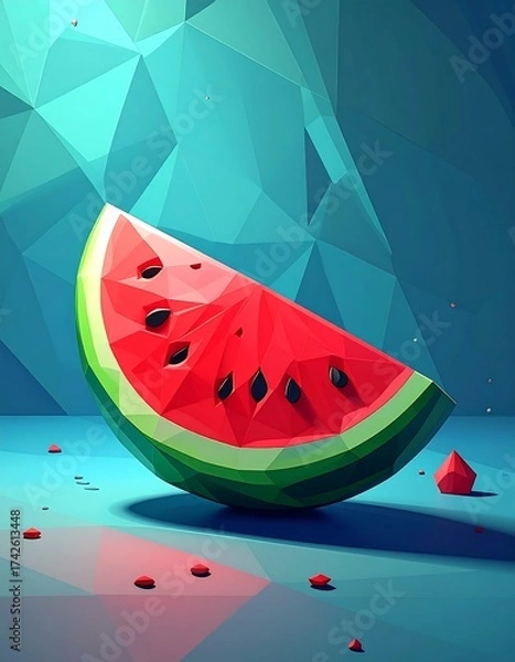 Fototapeta Geometric Watermelon Slice - A Refreshing Low Poly Design.