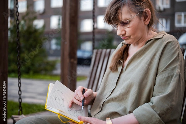 Fototapeta Elderly woman draws in notebook, pursues hobby, sitting on bench in city park. Active age, interesting life and creative abilities of older people