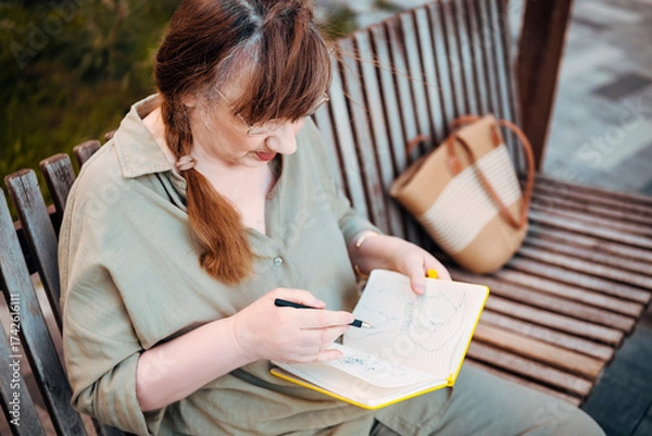 Fototapeta Elderly woman draws in notebook, pursues hobby, sitting on bench in city park. Active age, interesting life and creative abilities of older people