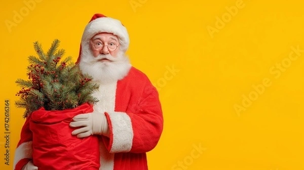 Obraz Santa Claus holding Christmas tree in red bag on yellow background