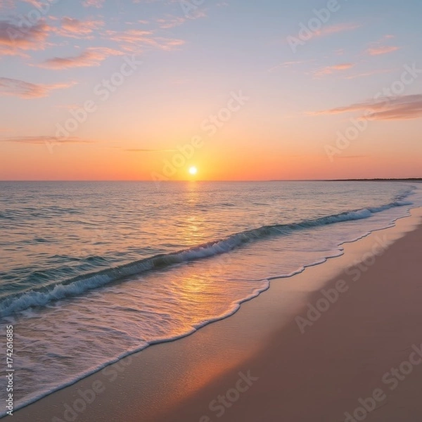 Obraz Calm beach sunset with soft waves and golden light