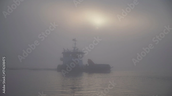 Fototapeta a ship in the fog at sea