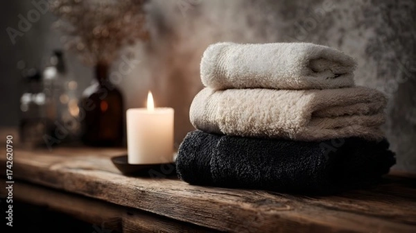 Fototapeta A stack of three folded towels sits beside a lit candle on a rustic wooden shelf evoking a serene spa ambiance