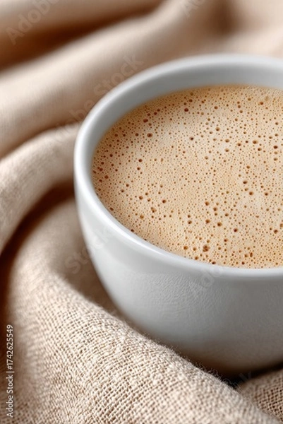 Fototapeta Minimalist close-up of a cup of coffee with smooth foam on a soft beige fabric background, evoking warmth, comfort, and calm morning vibes
