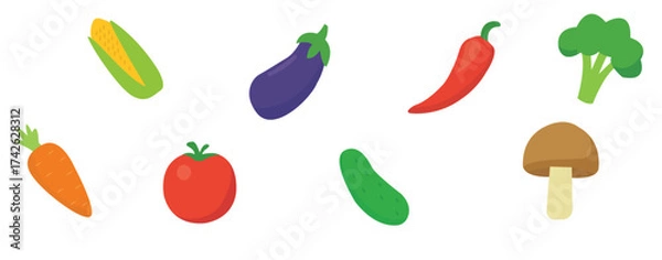 Fototapeta Flat Vector Illustration of Fresh Vegetables Set on White Background