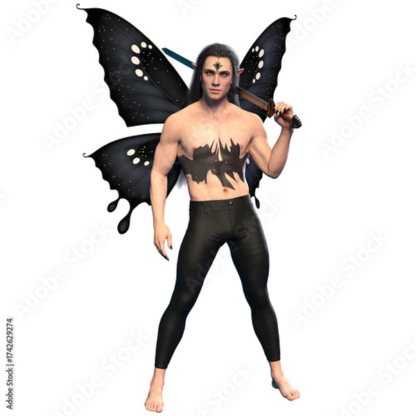 Fototapeta 3D rendered male fantasy character as a dark butterfly isolated on transparent background