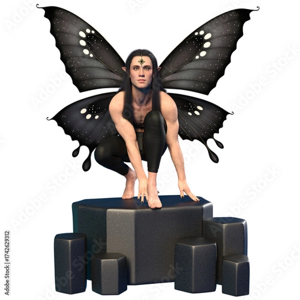Fototapeta 3D rendered male fantasy character as a dark butterfly isolated on transparent background