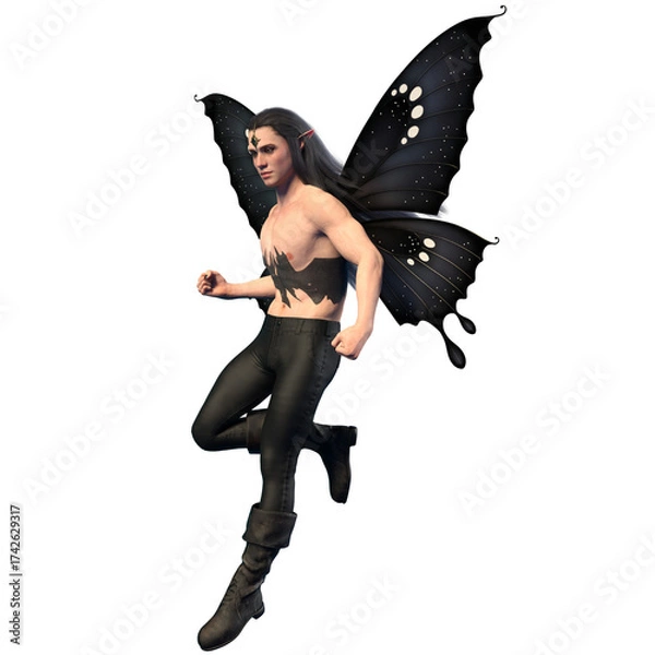 Fototapeta 3D rendered male fantasy character as a dark butterfly isolated on transparent background