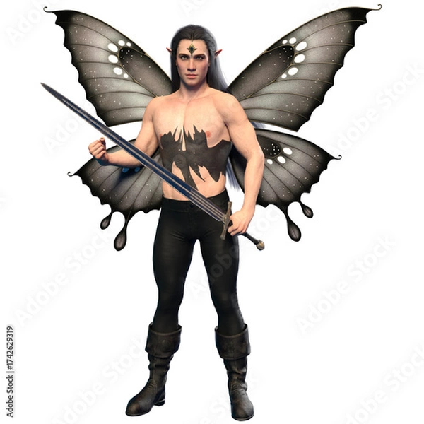 Fototapeta 3D rendered male fantasy character as a dark butterfly isolated on transparent background