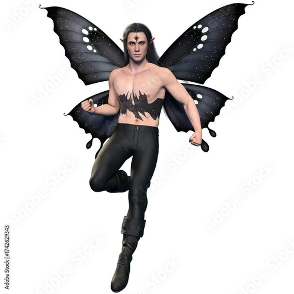 Fototapeta 3D rendered male fantasy character as a dark butterfly isolated on transparent background