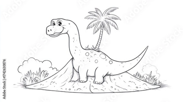 Obraz Cartoon dinosaur on hill, palm tree background, coloring book image