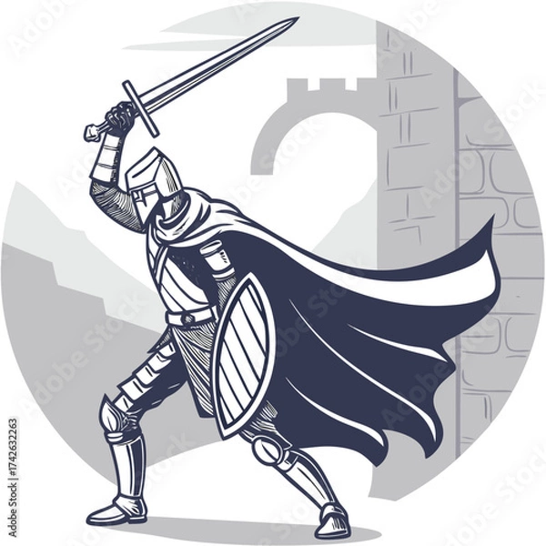 Fototapeta Knight with Sword and Shield in Dynamic Pose
