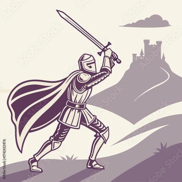 Fototapeta Knight with Sword and Shield in Dynamic Pose