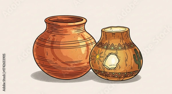Obraz Two earthenware pottery vessels one plain and the other decorated with patterns and depictions of natural elements