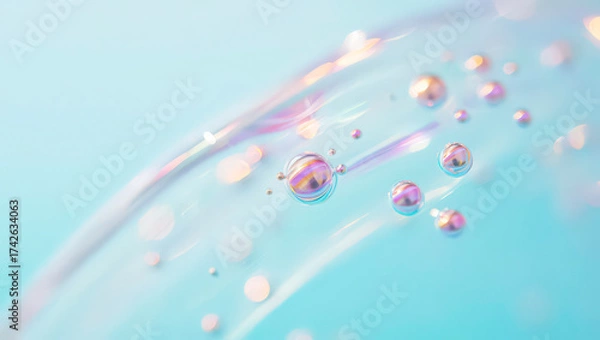 Fototapeta Abstract cosmetic background. Bubbles on top of liquid cosmetic product, Moisturizing face serum concept 3d rendering macro shot