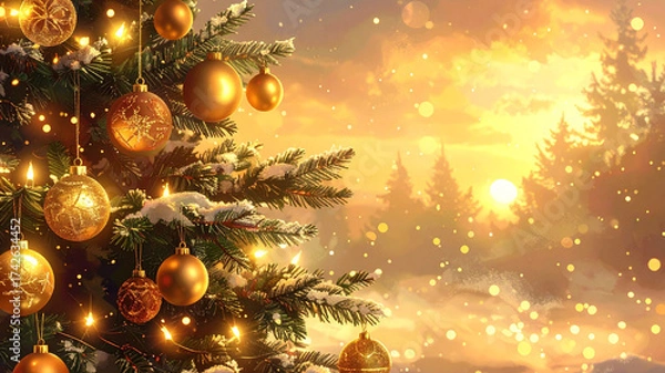 Fototapeta Christmas tree with glowing lights and golden ornaments, soft bokeh background