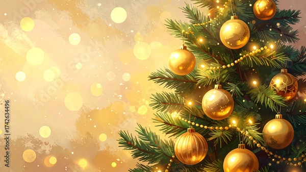 Fototapeta Christmas tree with glowing lights and golden ornaments, soft bokeh background